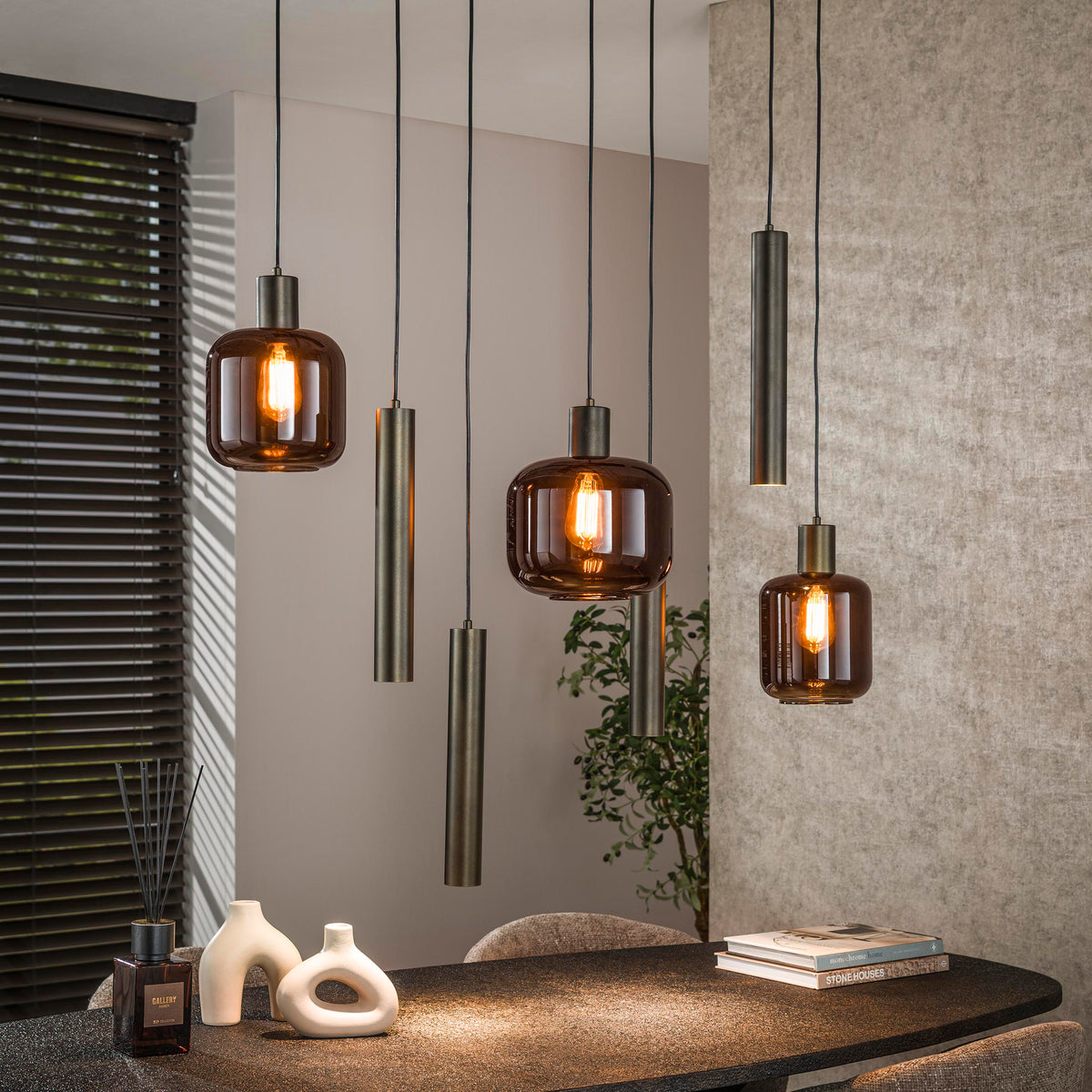 Pendant lamp Bronza sienna brown - 4+3-light, 105 cm wide