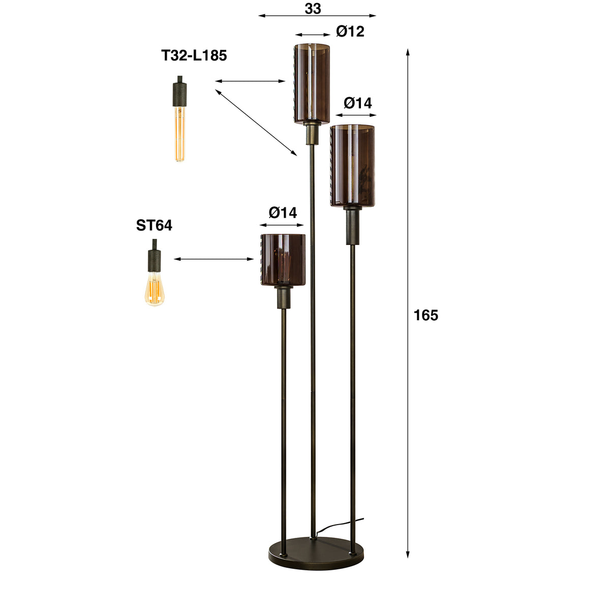 Floor lamp Sepiora sienna brown - 3-light, 165 cm high