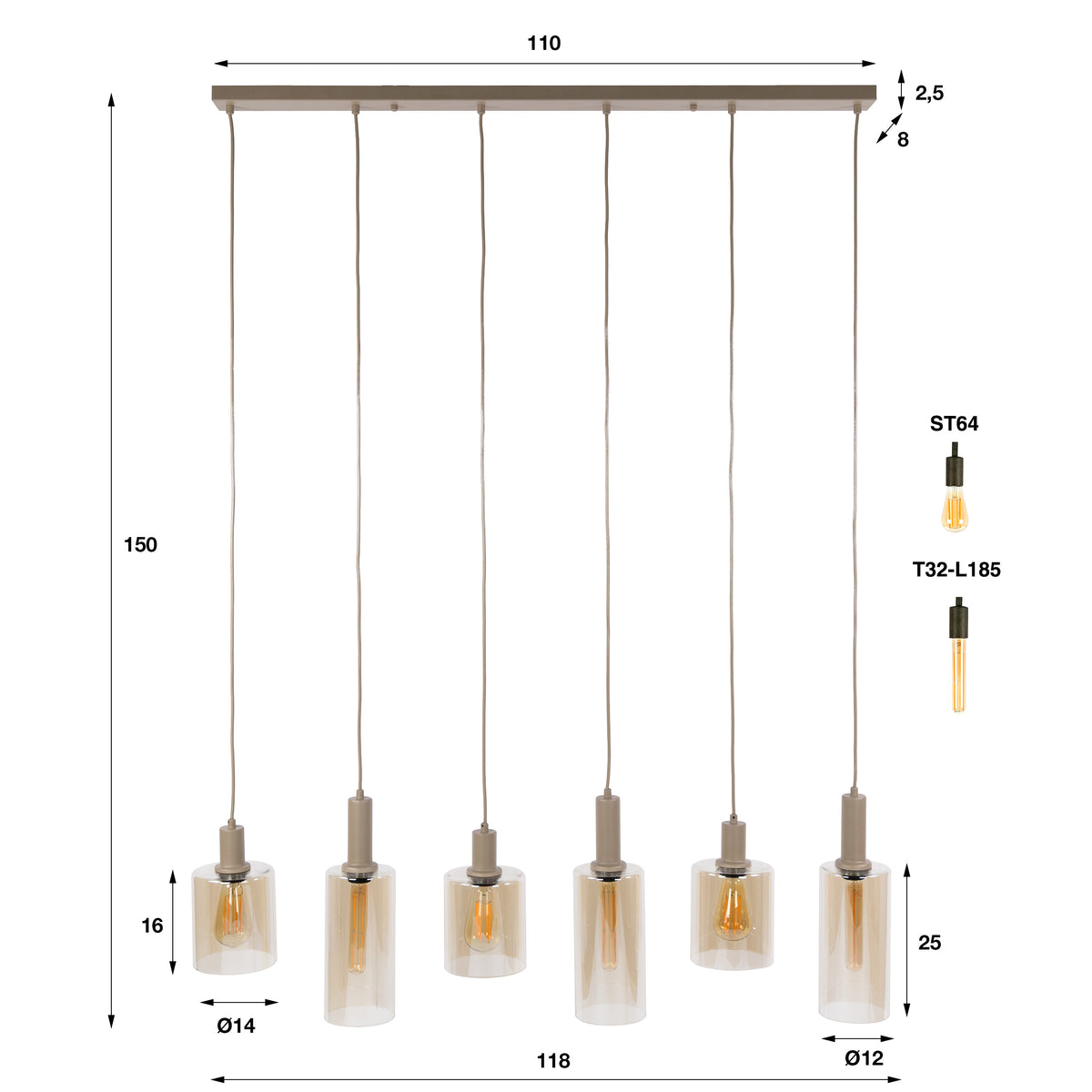 Suspension Sepiora beige - 6 lumières, largeur 118 cm