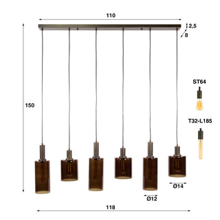 Pendant lamp Sepiora sienna brown - 6-light, 118 cm wide