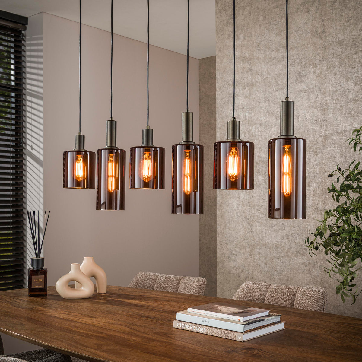 Pendant lamp Sepiora sienna brown - 6-light, 118 cm wide