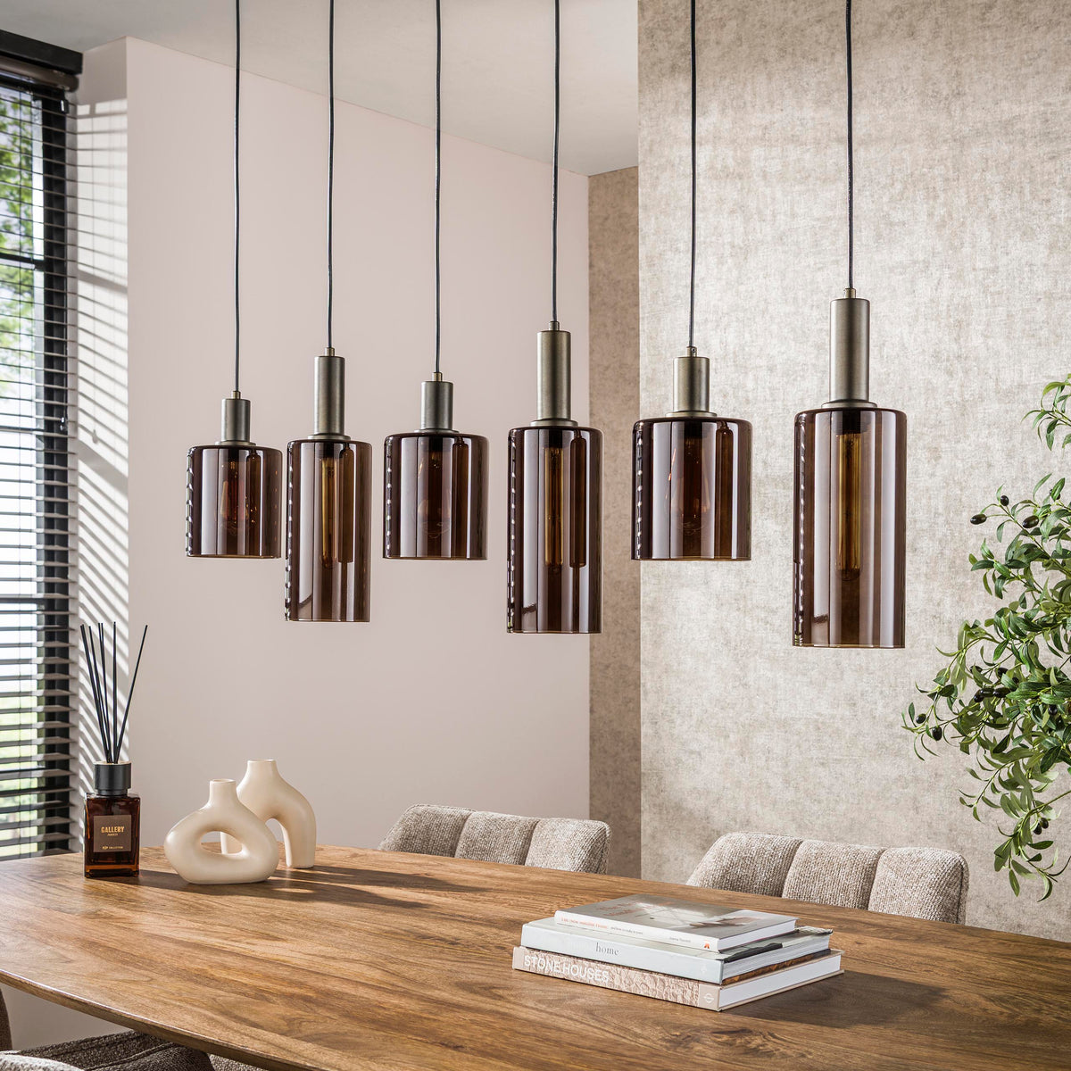 Pendant lamp Sepiora sienna brown - 6-light, 118 cm wide