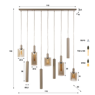 Hanglamp Sepiora beige - 5+4-lichts, 116 cm breed