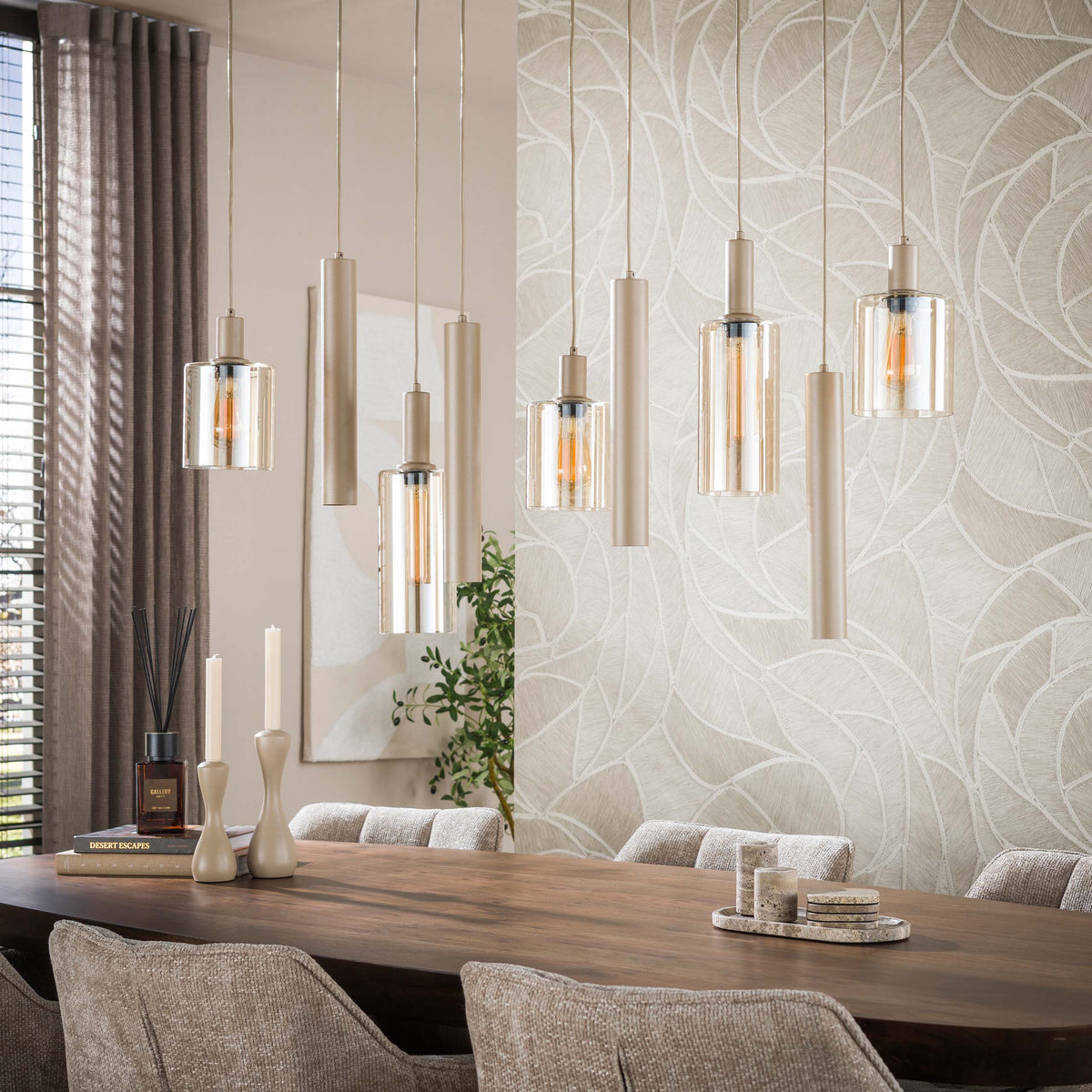 Hanglamp Sepiora beige - 5+4-lichts, 116 cm breed