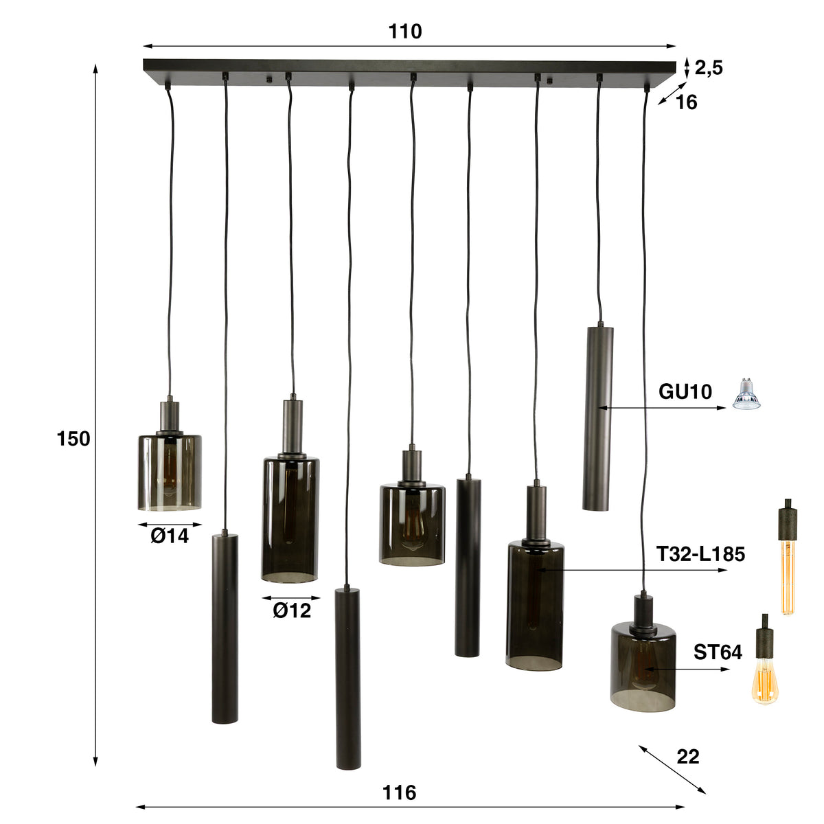 Hanglamp Sepiora sienna bruin - 5+4-lichts, 116 cm breed