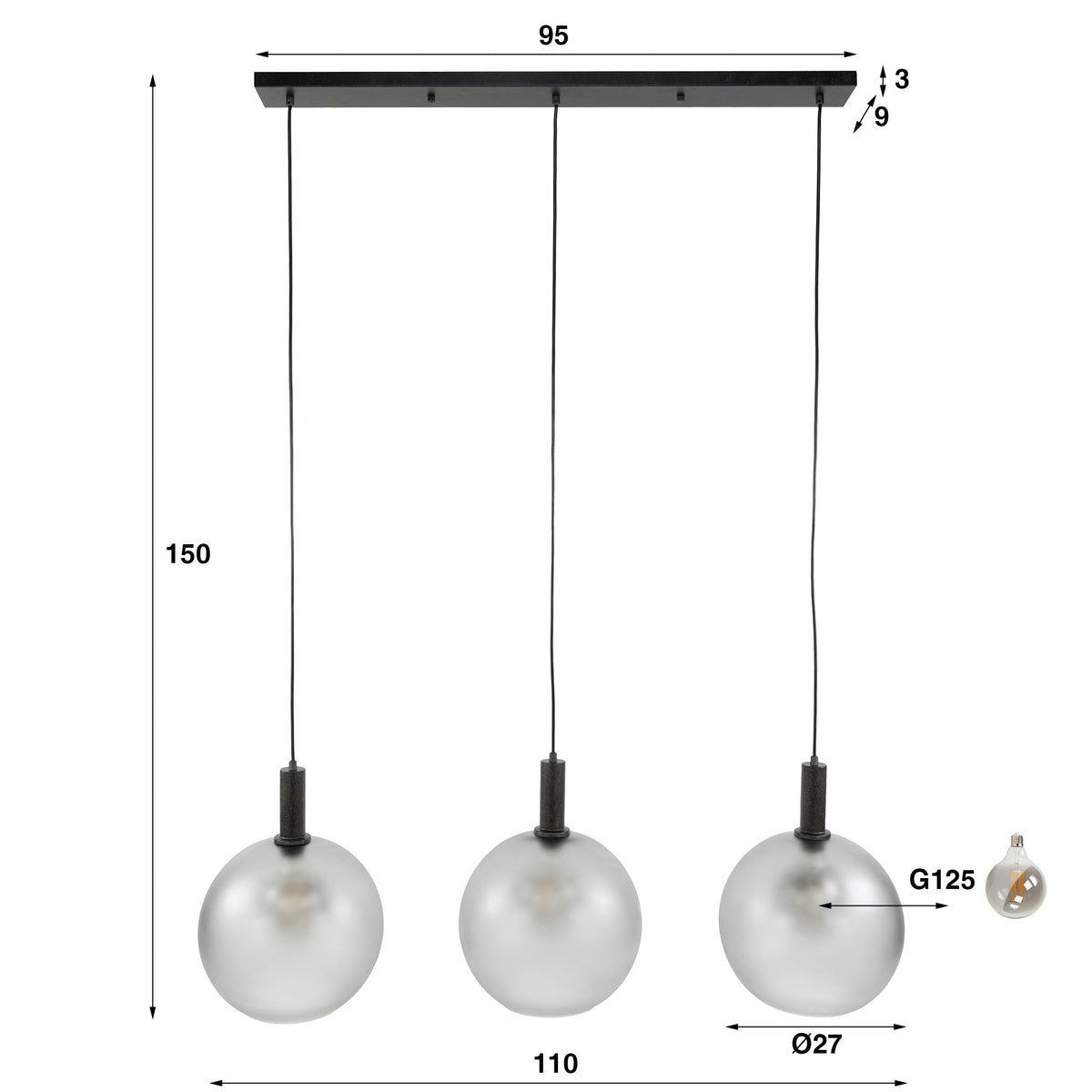 Pendant lamp Bubble Frosted frosted grey - 3-light, 110 cm wide