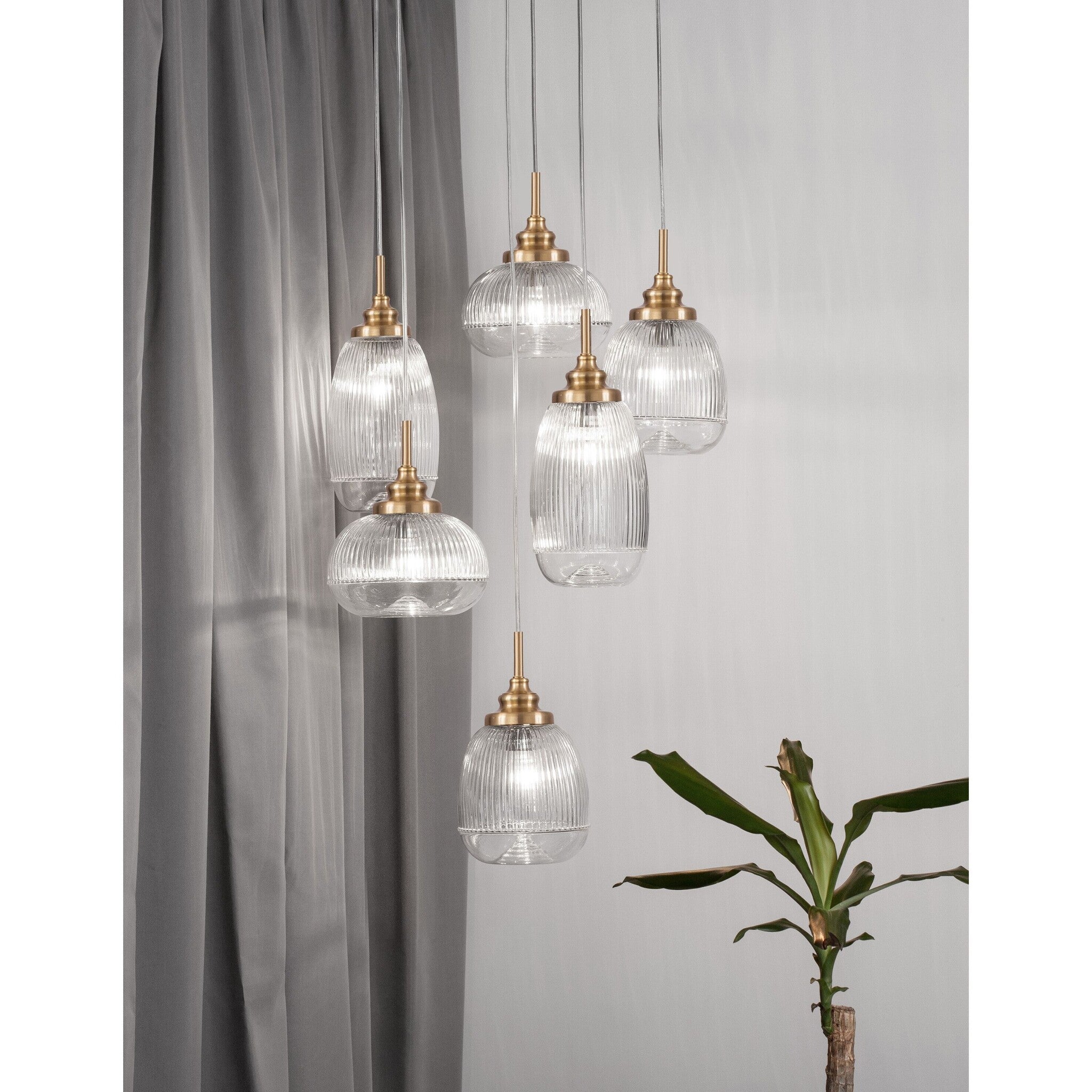 Suspension Mond / verre clair -5 x E14, doré
