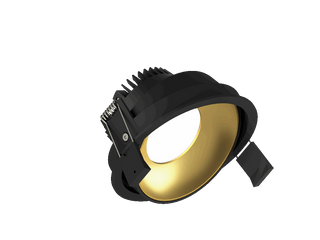 Fido 108 is een richtbare downlight met 800Lm, 2200-3000K, CRI 93, 10,3W. Bundelhoek 80°, Triac-dimbaar, afwerking Black/Gold, IP20.