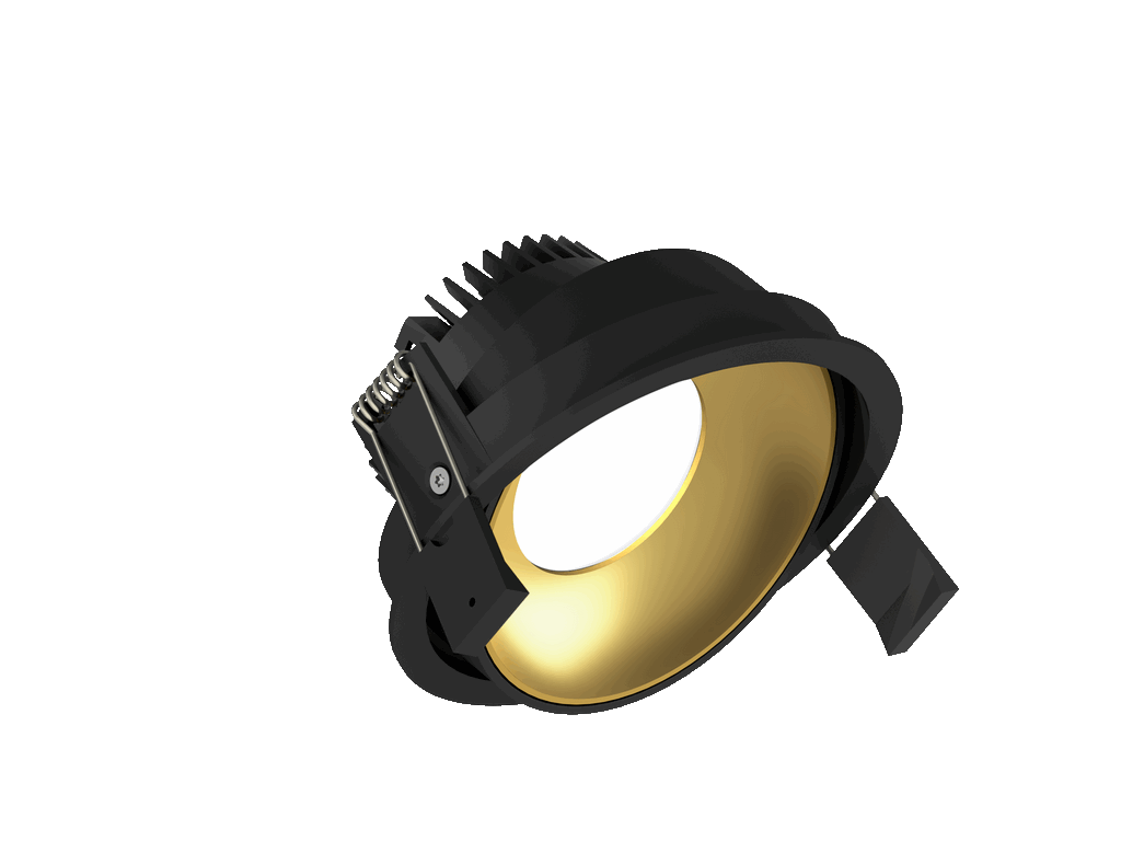 Fido 108 is een richtbare downlight met 800Lm, 2200-3000K, CRI 93, 10,3W. Bundelhoek 80°, Triac-dimbaar, afwerking Black/Gold, IP20.