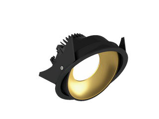 Fido 108 is een richtbare downlight met 800Lm, 2200-3000K, CRI 93, 10,3W. Bundelhoek 80°, Triac-dimbaar, afwerking Black/Gold, IP20.