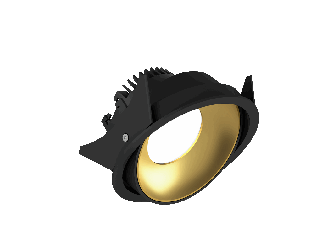 Fido 108 is een richtbare downlight met 800Lm, 2200-3000K, CRI 93, 10,3W. Bundelhoek 80°, Triac-dimbaar, afwerking Black/Gold, IP20.