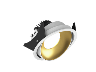 Fido 108 is an adjustable downlight with 800Lm, 3000K, CRI 93, 10.3W. Beam angle 80°, Triac dimmable, finish White/Gold, IP20.