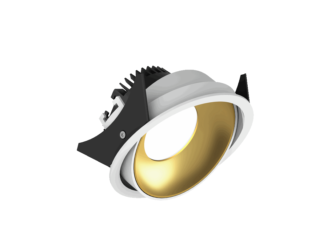 Fido 108 is een richtbare downlight met 800Lm, 3000K, CRI 93, 10,3W. Bundelhoek 80°, Triac-dimbaar, afwerking White/Gold, IP20.