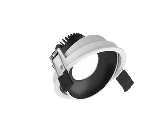 Fido 108 is an adjustable downlight with 800Lm, 2200-3000K, CRI 93, 10.3W. Beam angle 80°, Triac dimmable, finish White/Black, IP20.