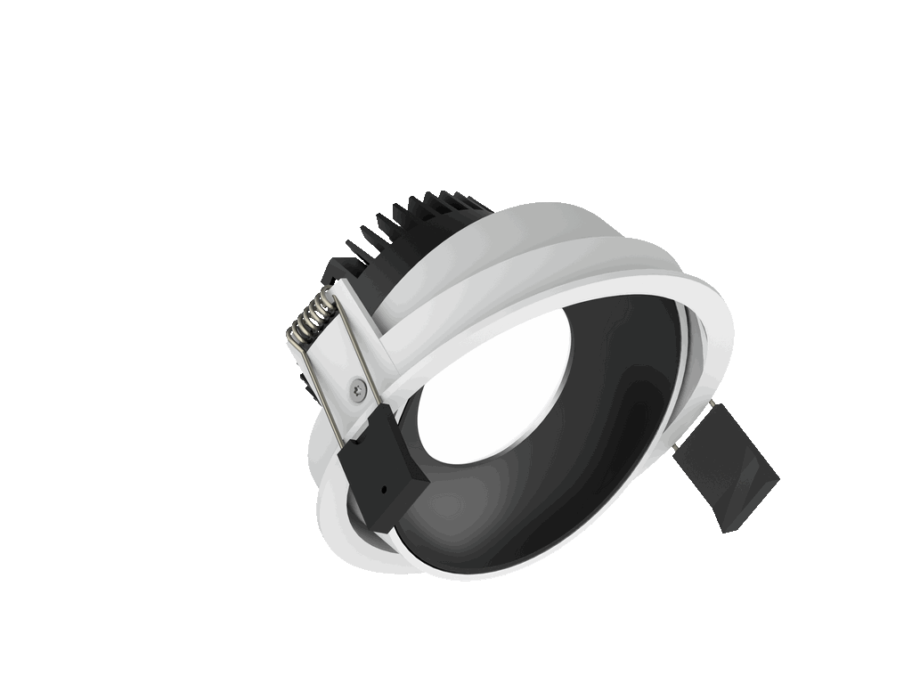 Fido 108 is an adjustable downlight with 800Lm, 3000K, CRI 93, 10.3W. Beam angle 80°, Triac dimmable, finish White/Black, IP20.