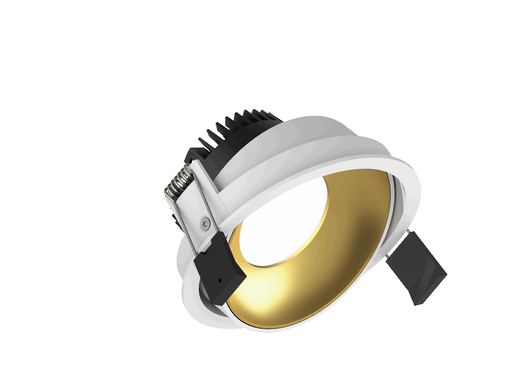 Fido 108 is an adjustable downlight with 800Lm, 4000K, CRI 93, 10.1W. Beam angle 80°, Triac dimmable, finish White/Gold, IP20.