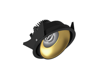 Fido 108 is een richtbare downlight met 800Lm, 2200-3000K, CRI 93, 10,3W. Bundelhoek 40°, Triac-dimbaar, afwerking Black/Gold, IP20.
