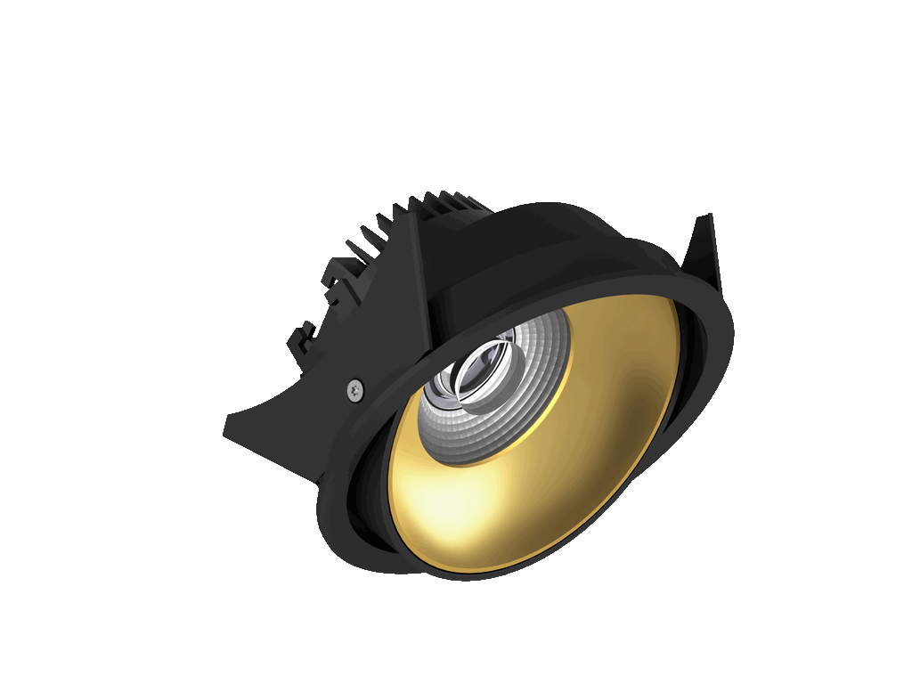 Fido 108 is een richtbare downlight met 800Lm, 2200-3000K, CRI 93, 10,3W. Bundelhoek 40°, Triac-dimbaar, afwerking Black/Gold, IP20.