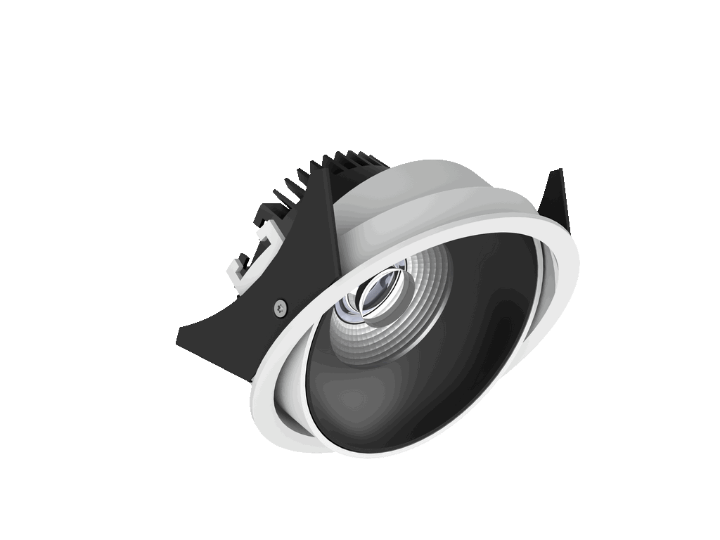 Fido 108 est un downlight orientable de 800Lm, 3000K, IRC 93, 10,3W. Angle de faisceau 40°, dimmable Triac, finition White/Black, IP20.