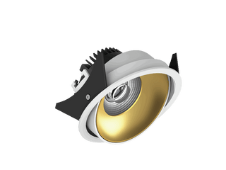 Fido 108 is an adjustable downlight with 800Lm, 2700K, CRI 93, 10.5W. Beam angle 40°, Triac dimmable, finish White/Gold, IP20.