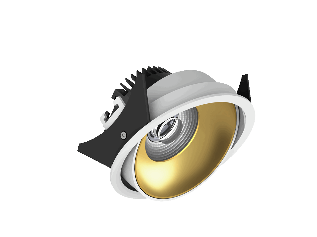 Fido 108 est un downlight orientable de 800Lm, 2200-3000K, IRC 93, 10,3W. Angle de faisceau 40°, dimmable Triac, finition White/Gold, IP20.