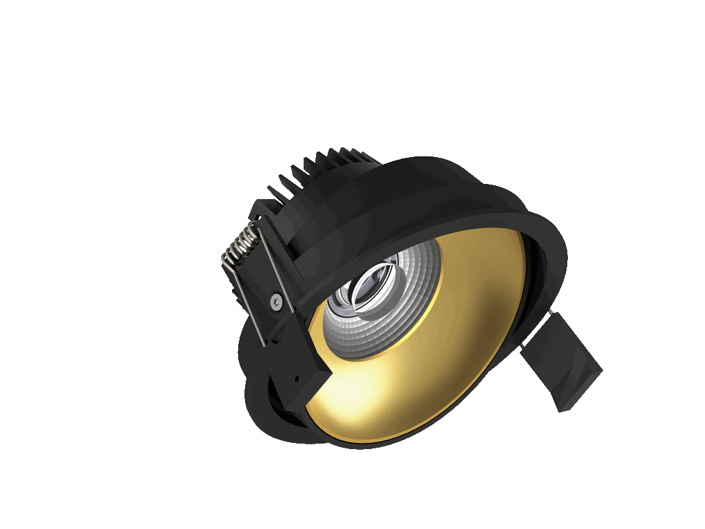 Fido 108 is een richtbare downlight met 800Lm, 2200-3000K, CRI 93, 10,3W. Bundelhoek 40°, Triac-dimbaar, afwerking Black/Gold, IP20.