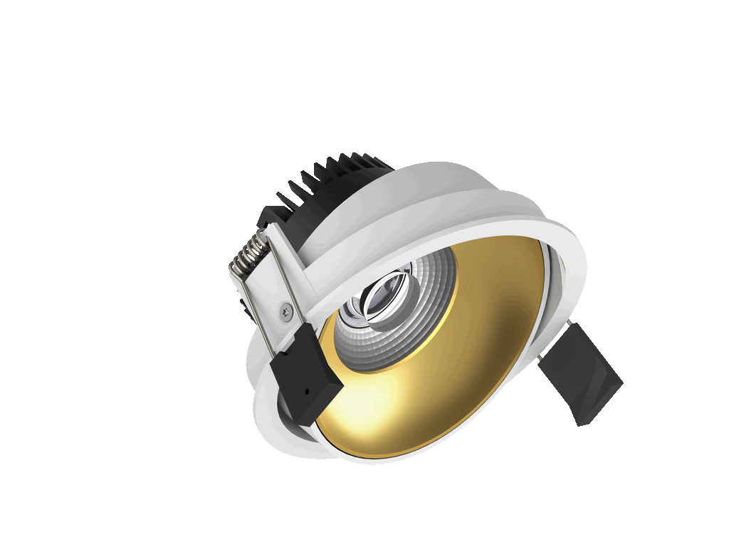 Fido 108 est un downlight orientable de 800Lm, 3000K, IRC 93, 10,3W. Angle de faisceau 40°, dimmable Triac, finition White/Gold, IP20.