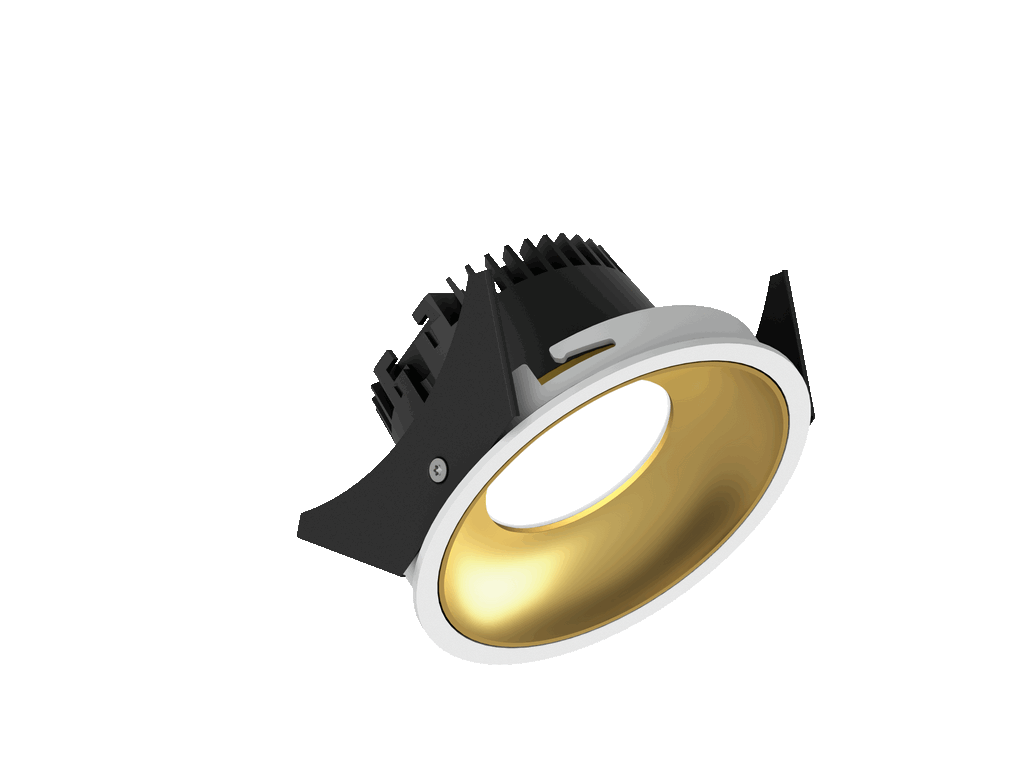Fido 98 is a downlight with 800Lm, 3000K, CRI 93, 10.3W. Beam angle 80°, Triac dimmable, finish White/Gold, IP44/IP20.
