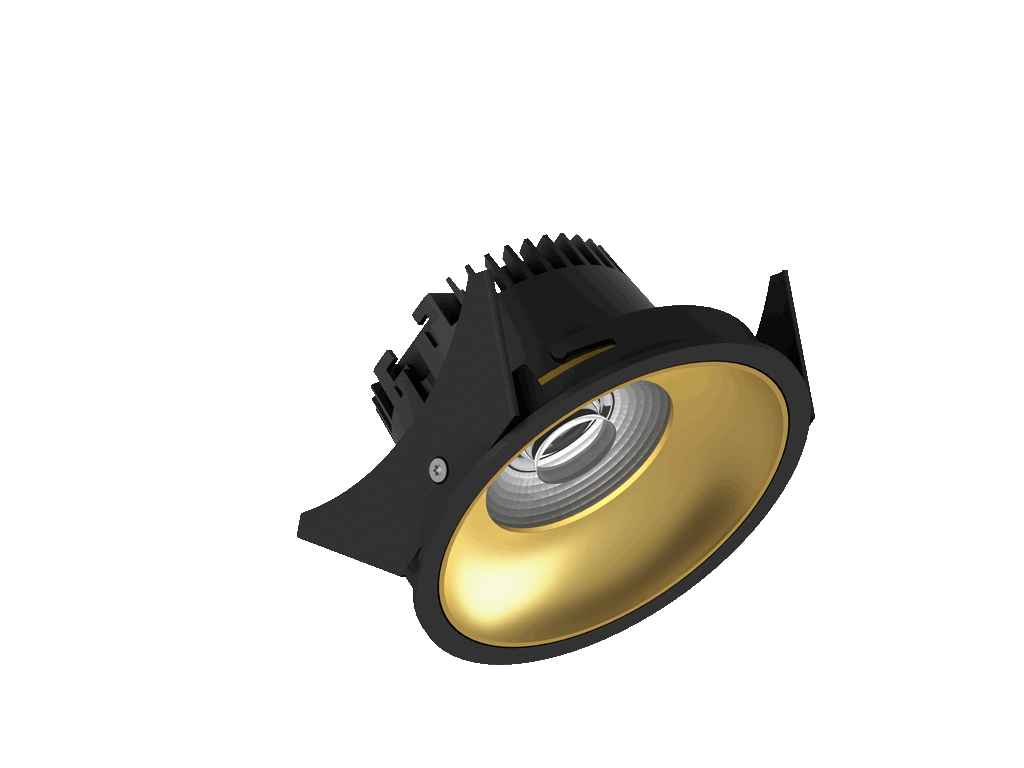Fido 98 est un downlight de 800Lm, 2700K, IRC 93, 10,5W. Angle de faisceau 40°, dimmable Triac, finition Black/Gold, IP44/IP20.