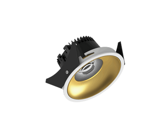 Fido 98 est un downlight de 800Lm, 3000K, IRC 93, 10,3W. Angle de faisceau 40°, dimmable Triac, finition White/Gold, IP44/IP20.