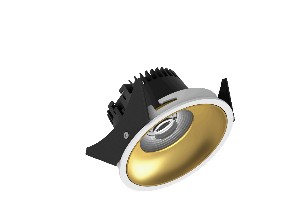 Fido 98 est un downlight de 800Lm, 3000K, IRC 93, 10,3W. Angle de faisceau 40°, dimmable Triac, finition White/Gold, IP44/IP20.