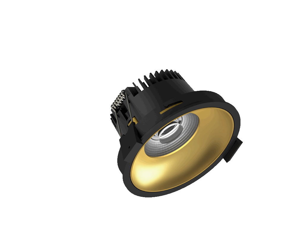 Fido 98 is a downlight with 800Lm, 2200-3000K, CRI 93, 10.3W. Beam angle 40°, Triac dimmable, finish Black/Gold, IP44/IP20.