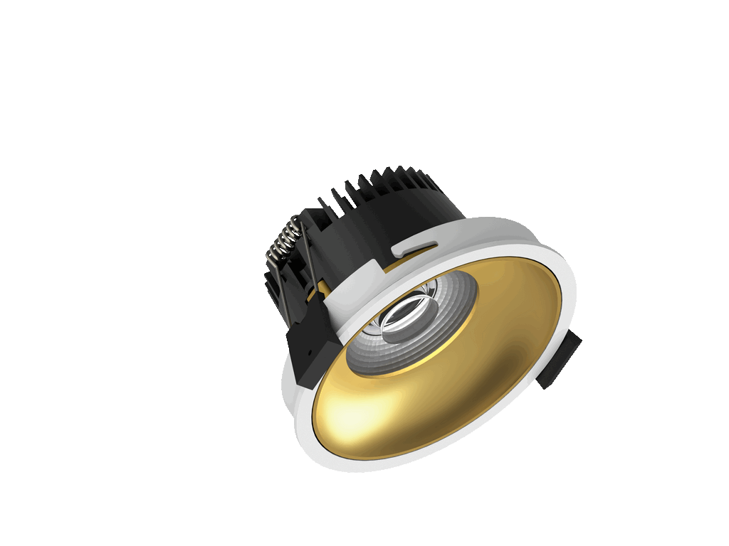 Fido 98 is een downlight met 800Lm, 2200-3000K, CRI 93, 10,3W. Bundelhoek 40°, Triac-dimbaar, afwerking White/Gold, IP44/IP20.
