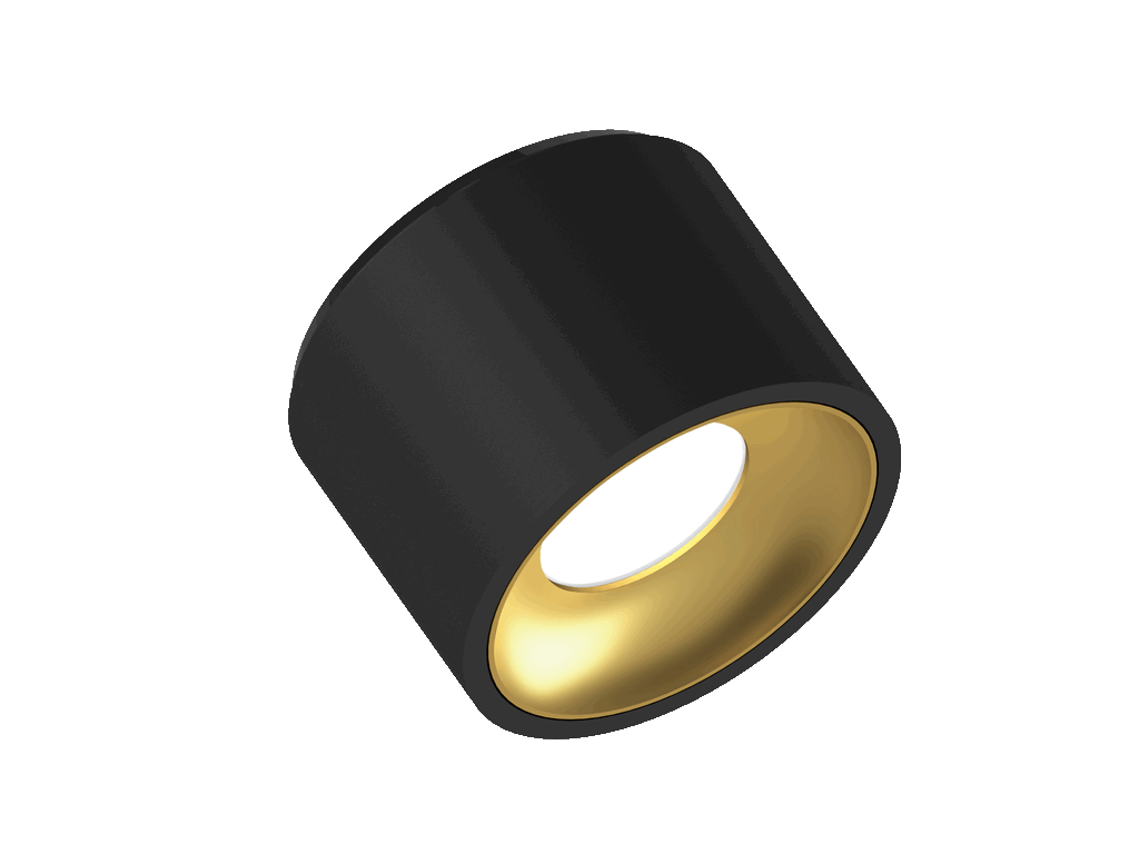 Fido 105 est un plafonnier de 800Lm, 2200-3000K, IRC 93, 10,3W. Angle de faisceau 80°, dimmable Triac, finition Black/Gold, IP20.
