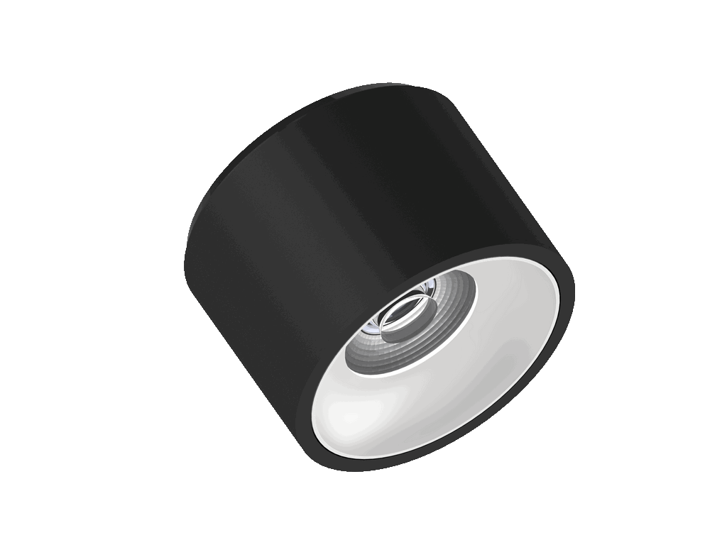 Fido 105 is een plafondarmatuur met 800Lm, 2700K, CRI 93, 10,5W. Bundelhoek 40°, Triac-dimbaar, afwerking Black/White, IP20.