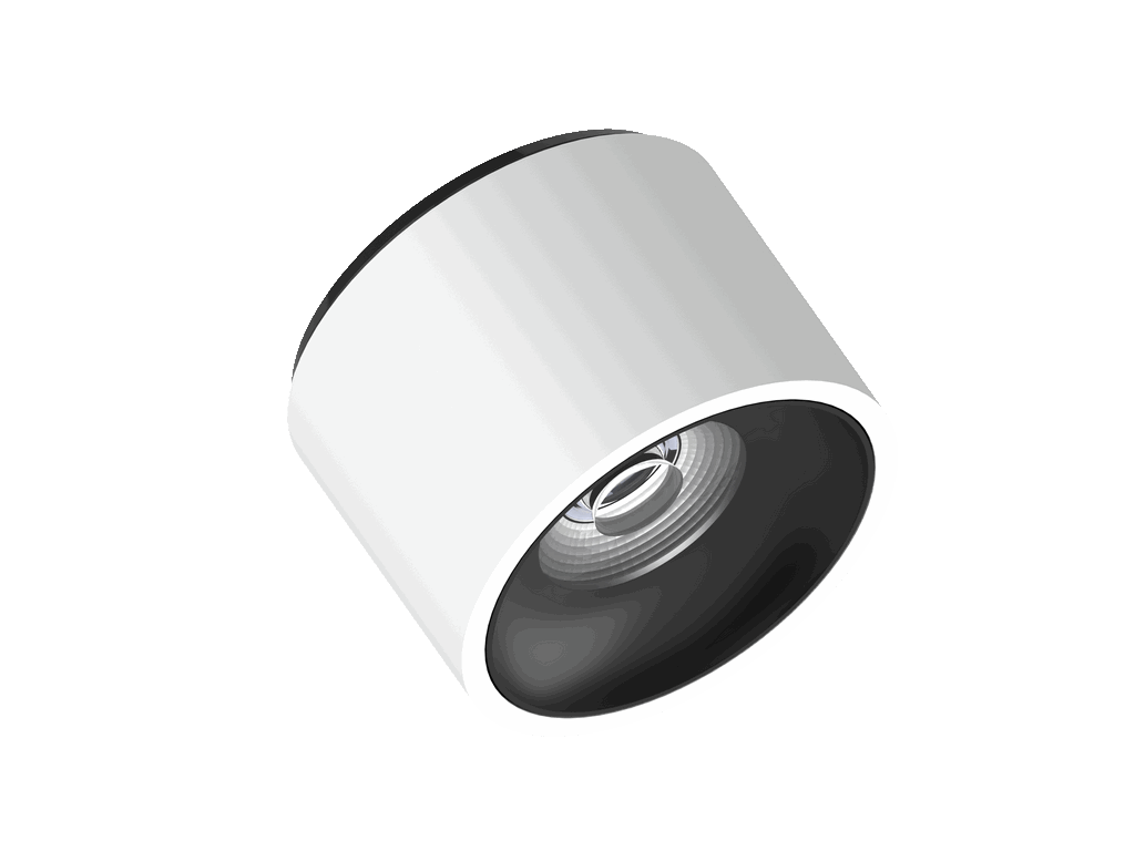 Fido 105 is een plafondarmatuur met 800Lm, 2200-3000K, CRI 93, 10,3W. Bundelhoek 40°, Triac-dimbaar, afwerking White/Black, IP20.
