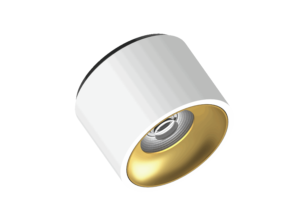Fido 105 is een plafondarmatuur met 800Lm, 3000K, CRI 93, 10,3W. Bundelhoek 40°, Triac-dimbaar, afwerking White/Gold, IP20.