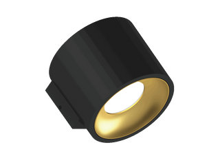 Fido WL 105 is a wall luminaire with 800Lm, 3000K, CRI 93, 10.3W. Beam angle 80°, Triac dimmable, finish Black/Gold, IP20.