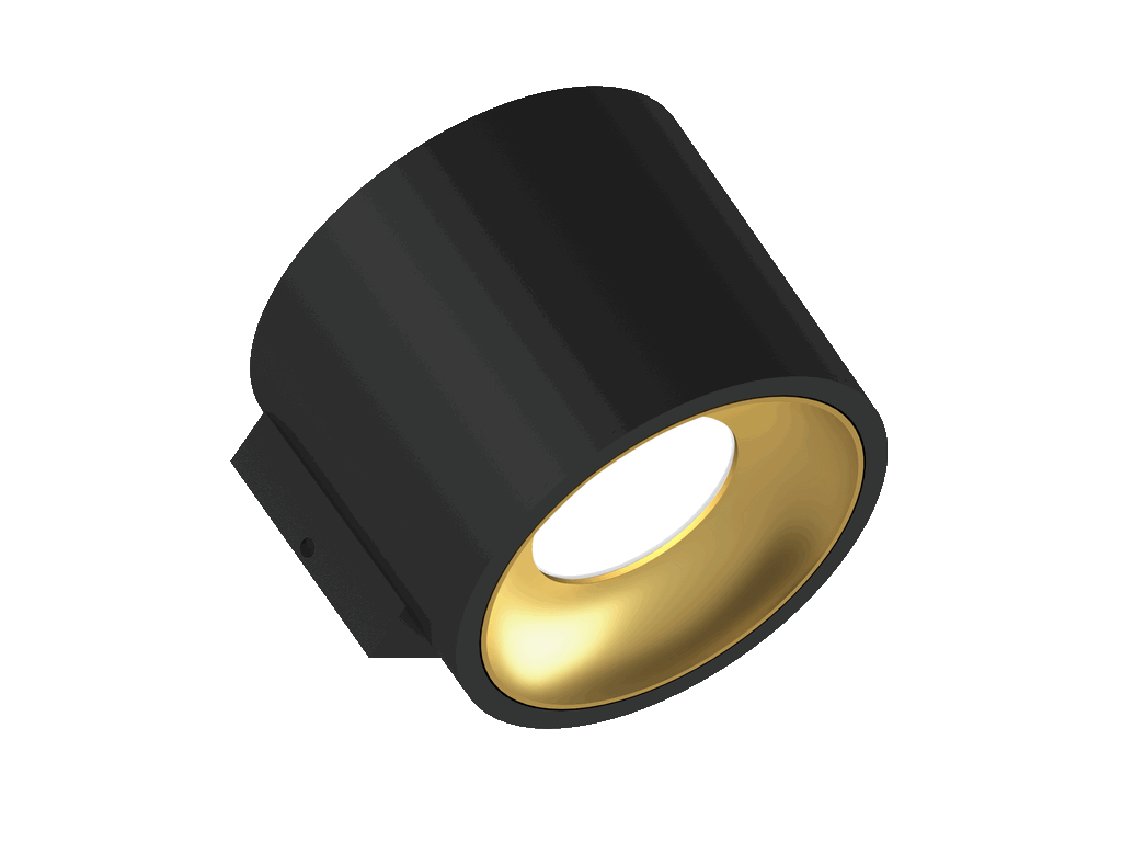 Fido WL 105 is a wall luminaire with 800Lm, 3000K, CRI 93, 10.3W. Beam angle 80°, Triac dimmable, finish Black/Gold, IP20.