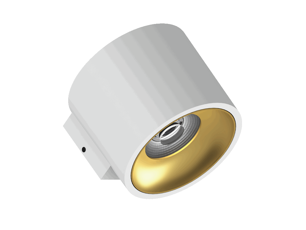 Fido WL 105 is a wall luminaire with 800Lm, 2200-3000K, CRI 93, 10.3W. Beam angle 40°, Triac dimmable, finish White/Gold, IP20.