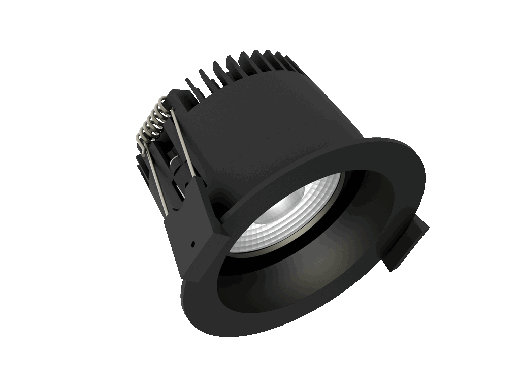 Fluxe 75 is a downlight with 800Lm, 2700K, CRI 93, 10.5W. Beam angle 40°, Triac dimmable, finish Matt black RAL 9005, IP44/IP20.