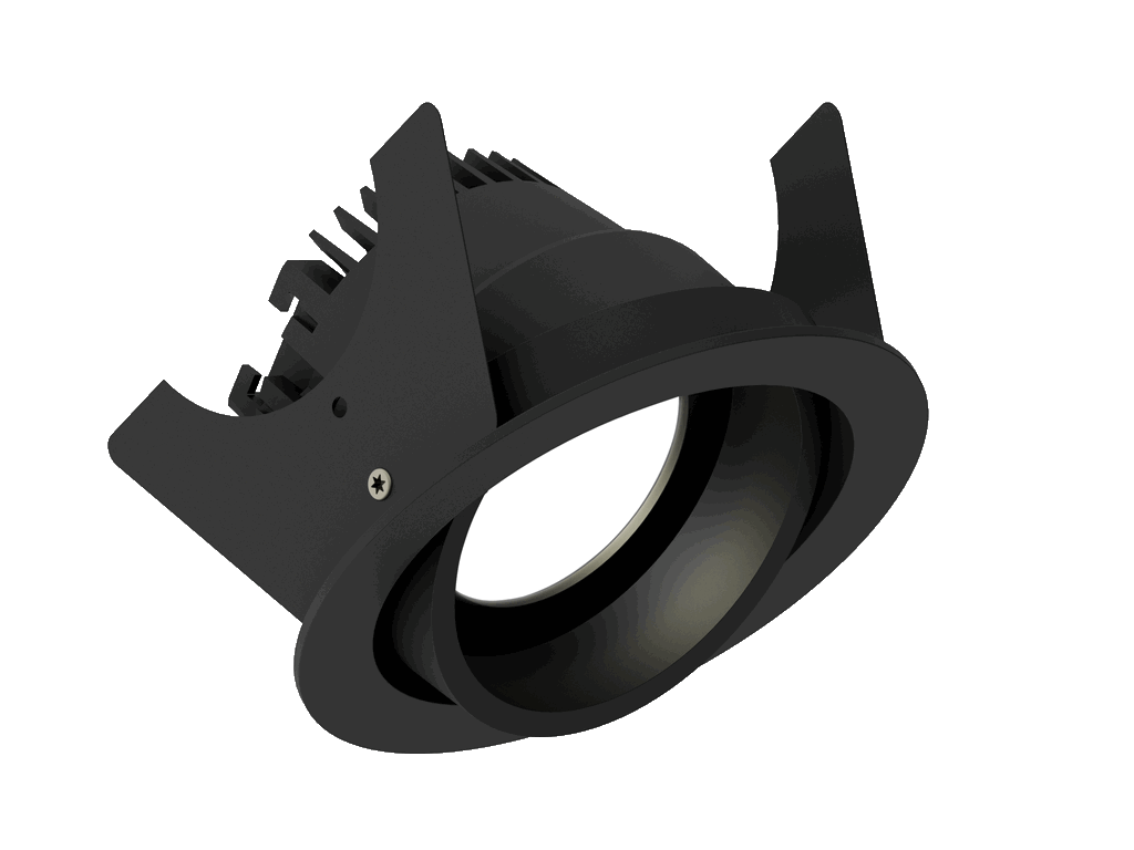 Fluxe 90 is an adjustable downlight with 800Lm, 2200-3000K, CRI 93, 10.3W. Beam angle 80°, Triac dimmable, finish Matt black RAL 9005, IP20.