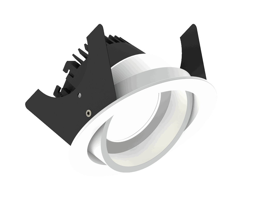 Fluxe 90 is an adjustable downlight with 800Lm, 2200-3000K, CRI 93, 10.3W. Beam angle 80°, Triac dimmable, finish Matt white RAL 9016, IP20.