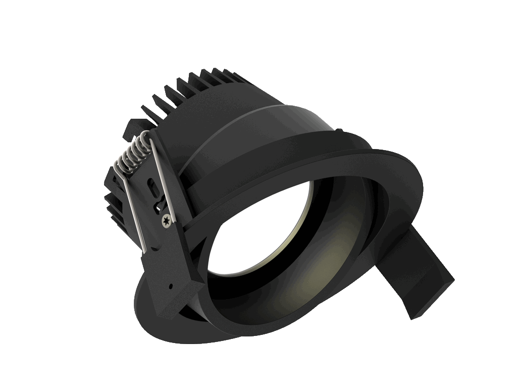 Fluxe 90 is an adjustable downlight with 800Lm, 2200-3000K, CRI 93, 10.3W. Beam angle 80°, Triac dimmable, finish Matt black RAL 9005, IP20.