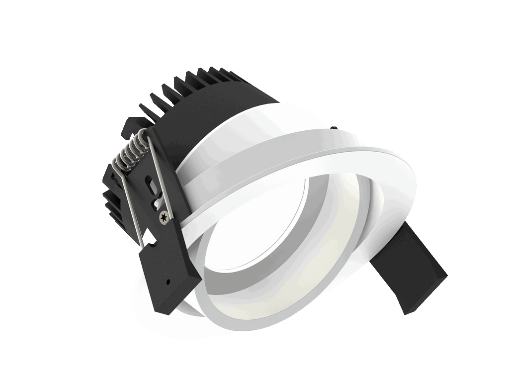Fluxe 90 est un downlight orientable de 800Lm, 3000K, IRC 93, 10,3W. Angle de faisceau 80°, dimmable Triac, finition Matt white RAL 9016, IP20.
