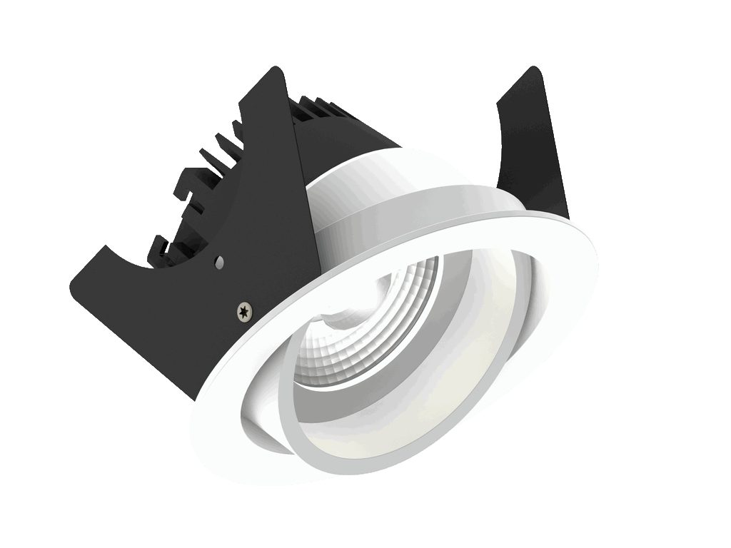 Fluxe 90 is an adjustable downlight with 800Lm, 4000K, CRI 93, 10.1W. Beam angle 40°, Triac dimmable, finish Matt white RAL 9016, IP20.