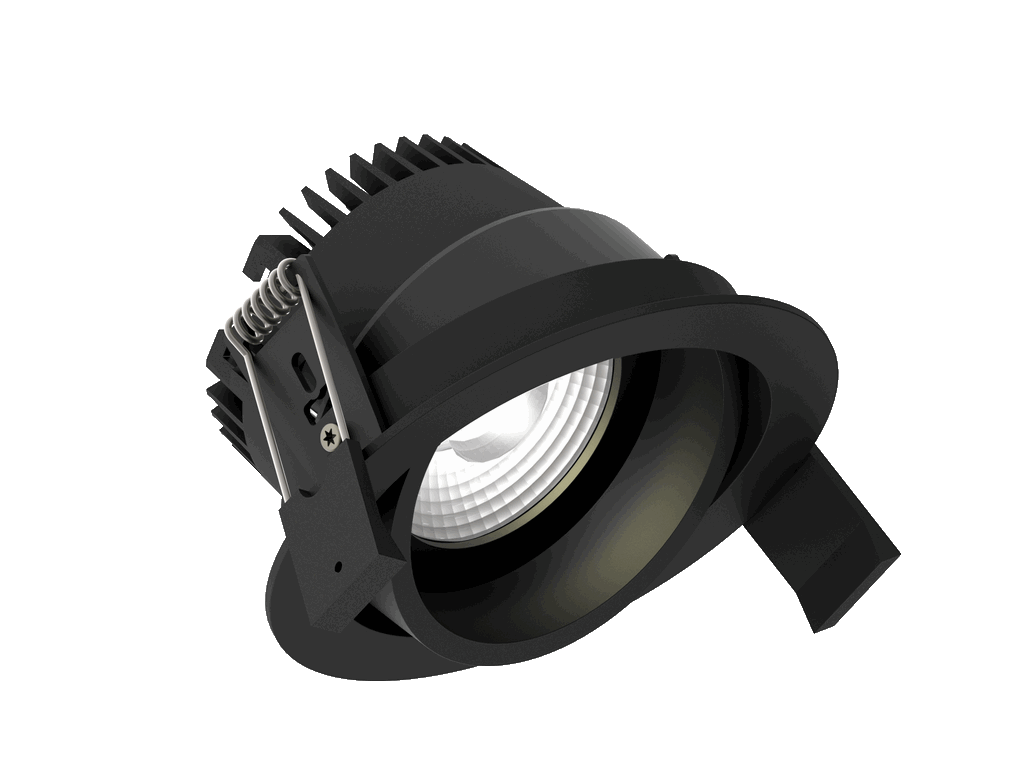 Fluxe 90 is an adjustable downlight with 800Lm, 2200-3000K, CRI 93, 10.3W. Beam angle 40°, Triac dimmable, finish Matt black RAL 9005, IP20.