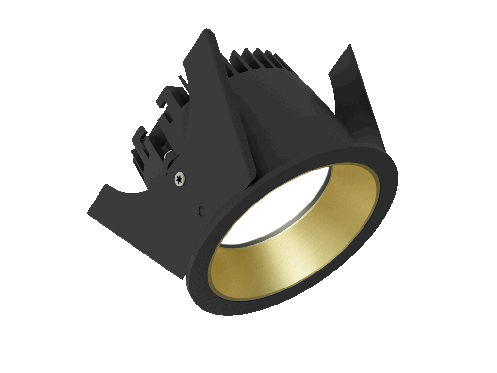 Strada 75 est un downlight de 800Lm, 4000K, IRC 93, 10,1W. Angle de faisceau 80°, dimmable Triac, finition Black/Gold, IP44/IP20.