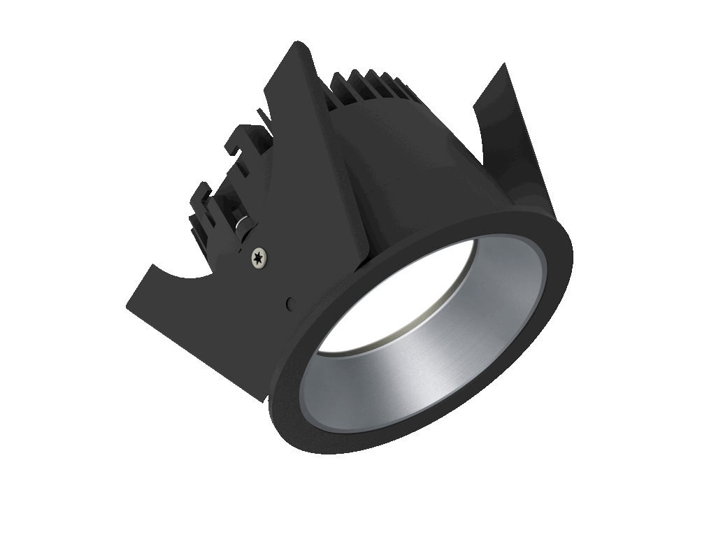 Strada 75 is a downlight with 800Lm, 2200-3000K, CRI 93, 10.3W. Beam angle 80°, Triac dimmable, finish Black/Silver, IP44/IP20.