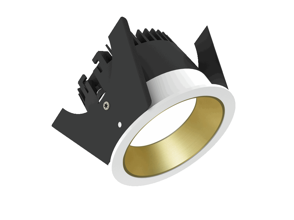 Strada 75 is a downlight with 800Lm, 2700K, CRI 93, 10.5W. Beam angle 80°, Triac dimmable, finish White/Gold, IP44/IP20.